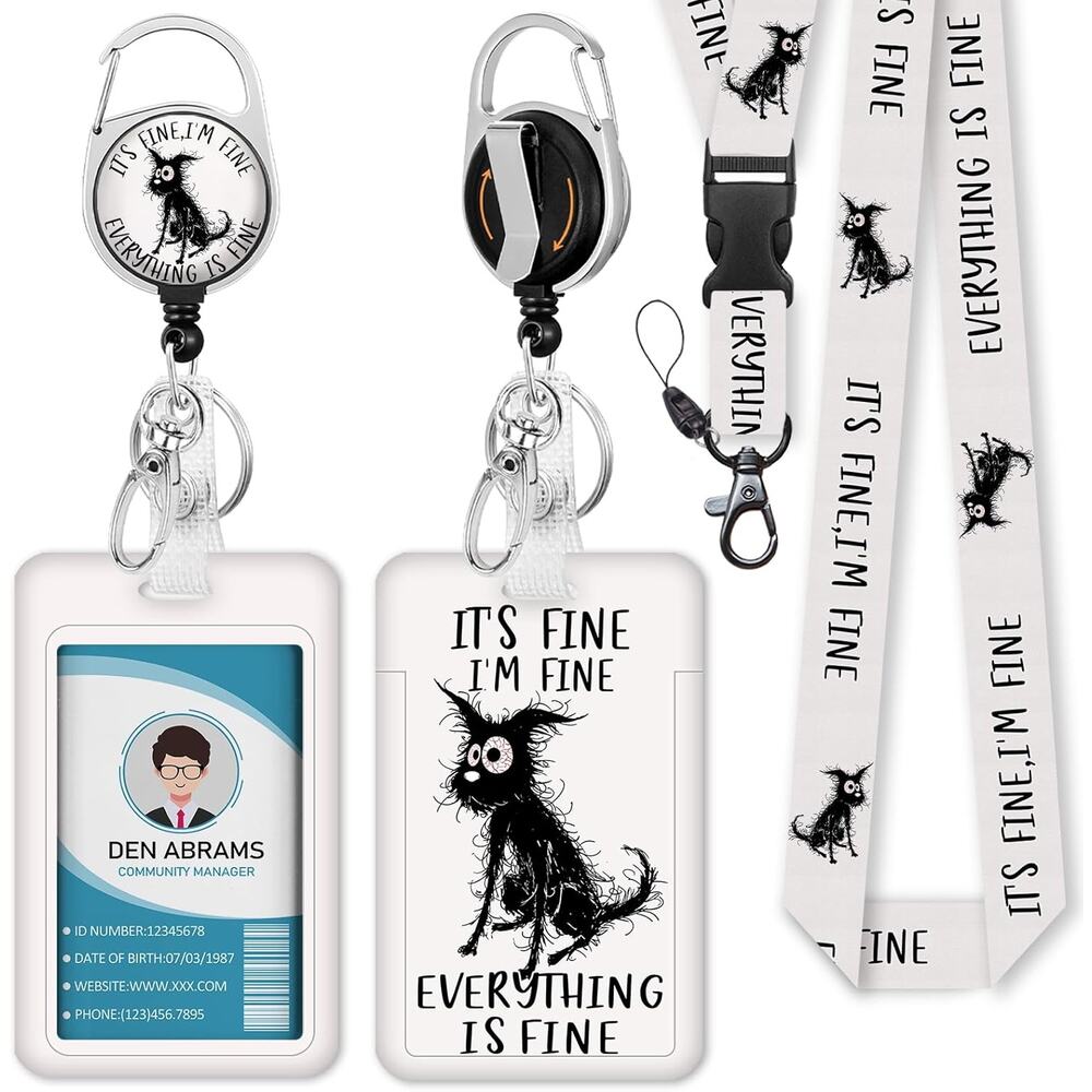 Funny ID Badge Holder Lanyard Retractable Reel I’m Fine Everything Is Fine
